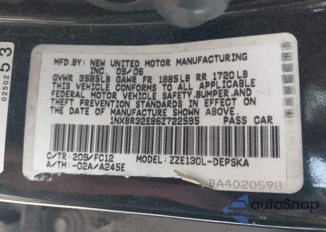 2006 Toyota Corolla S z USA, uszkodzony, nr VIN 1NXBR32E86Z722595